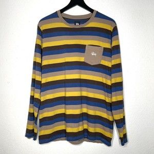 Stussy Mens Striped Long Sleeve T Shirt Size M Yellow Brown Blue